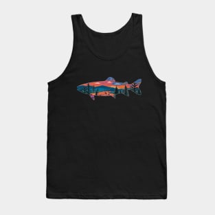 Trout Silhouette Fly Fishing Mountain Sunset River Stream Art Tank Top